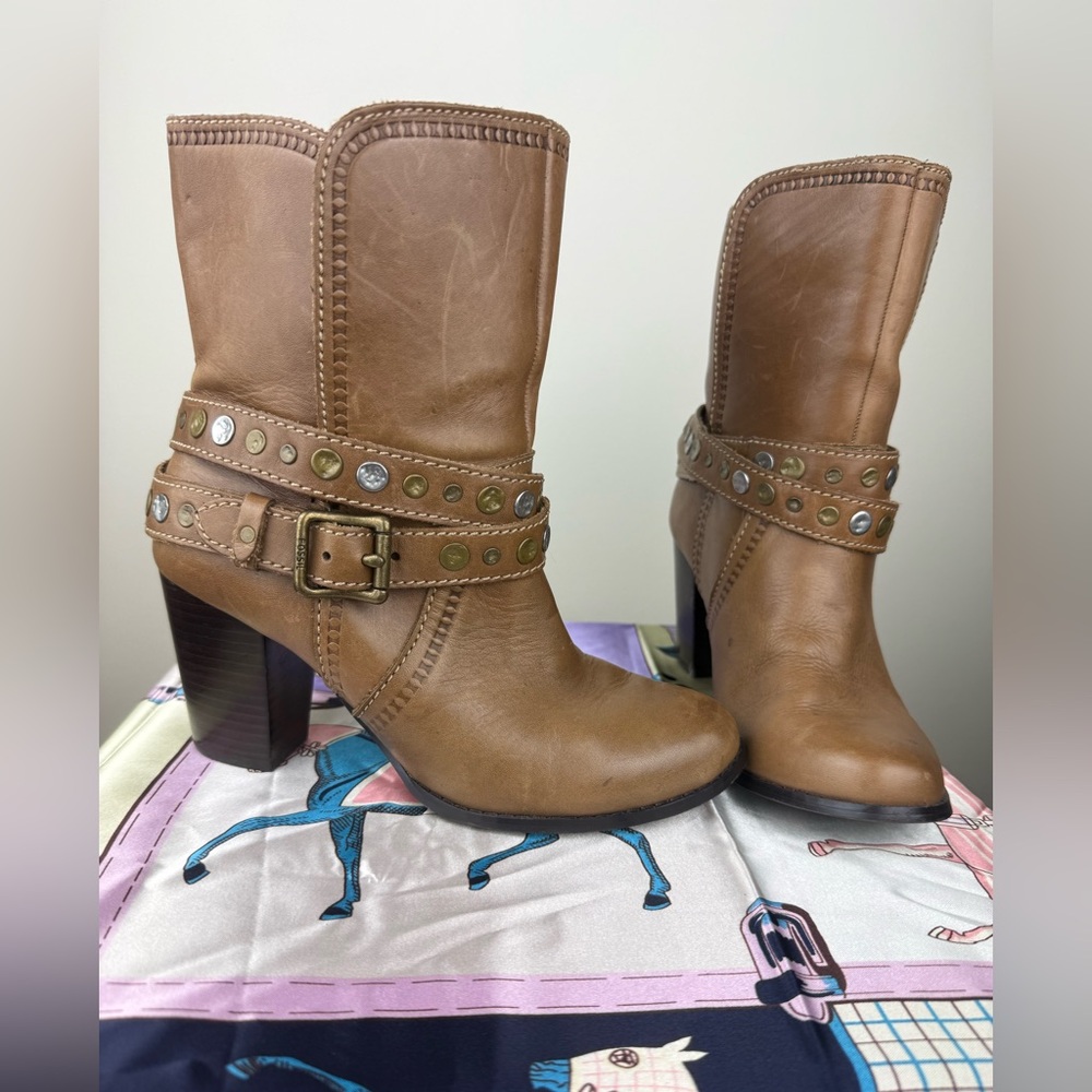 Fossil Brown Heeled Boots with Studded Strap